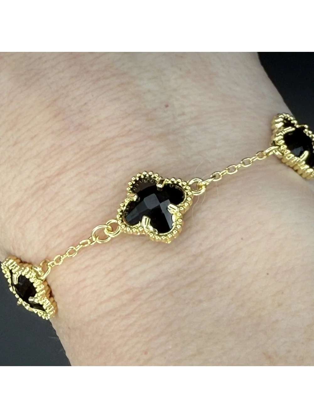 candy+clover black crystal clover gold tone station bracelet